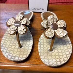 Coach Tan and Cream Floral Logo Thong Sandals